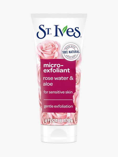 St. Ives Rose & Aloe Face Scrub in branded tube component on a light gray background