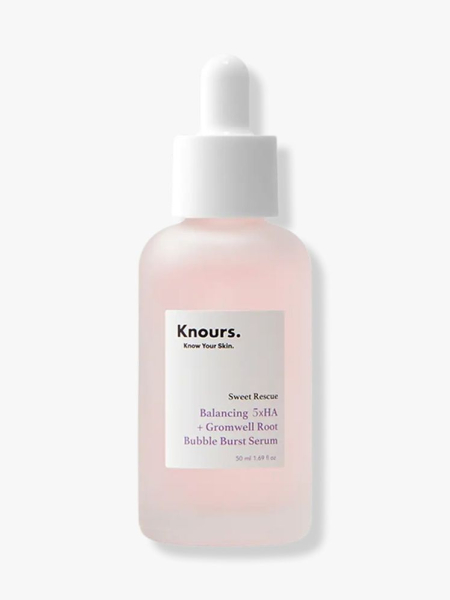 Knours Balancing 5xHA + Gromwell Root Bubble Burst Serum pink serum bottle on light gray background