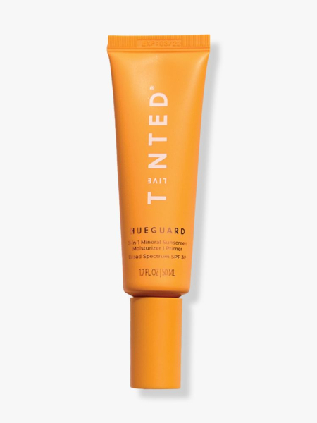 Live Tinted Hueguard 3-in-1 Mineral Sunscreen SPF 30 orange tube on light gray background